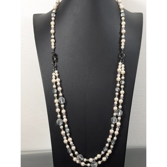 Cookie Lee White Faux Pearl Layered Convertible Statement Necklace Gray Metallic - Picture 10 of 10